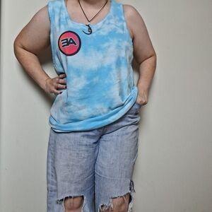 American Eagle Men's Blue and White Tie Dye Graphic Tank Top Size XL
